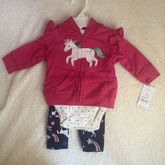 Carter's Baby Girls 3-Piece Outfit Set Size 3 Months Unicorn Pink NWT W/hoodie - Picture 1 of 10